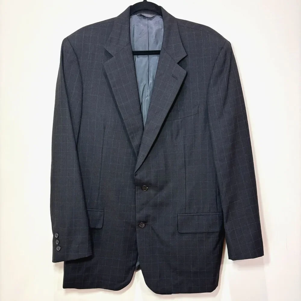 Brooks Brothers 100% Wool Windowpane Plaid Dark Gray Blazer Men 43L Sport Coat
